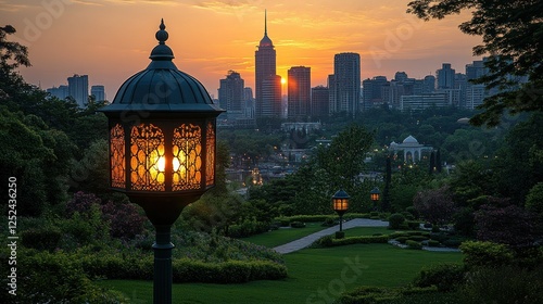 Sunset Cityscape with Ornate Lamp Post