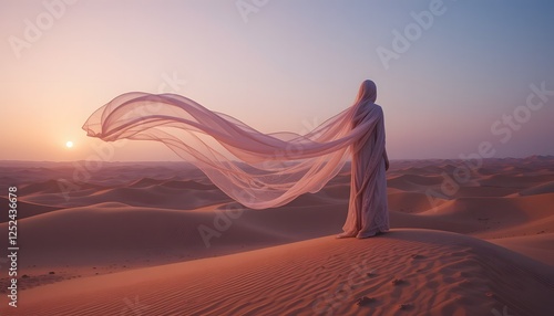 Serene Desert Sunset with Flowing Fabric and Silhouetted Figure Capturing Tranquility and Elegance in Vast Sand Dunes