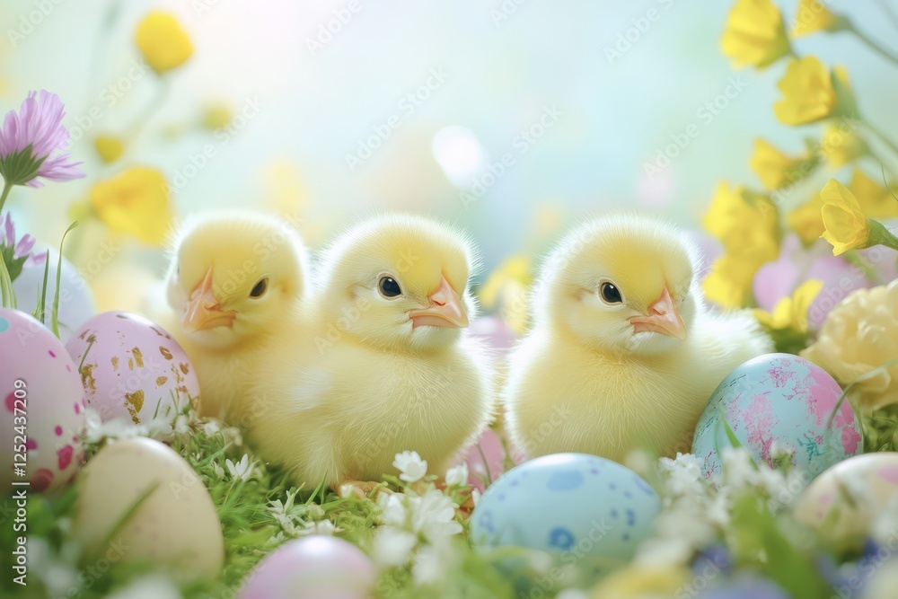 Three chicks Easter eggs spring flowers Three chicks Easter eggs spring flowers
