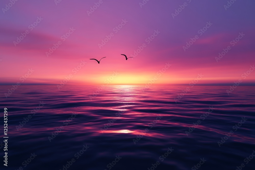 Obraz premium Birds fly over ocean sunset; peaceful scene
