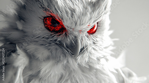 A cyberpunk-inspired owl with sleek white feathers and glowing red eyes symbolizes wisdom and futuristic intelligence. Set against a modern blurred background, it evokes mystery and advanced technolog photo