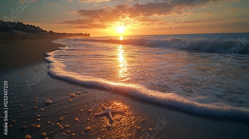 Sun soaked beach with marine life wonders including scattered starfish and beautiful seashells on golden sand