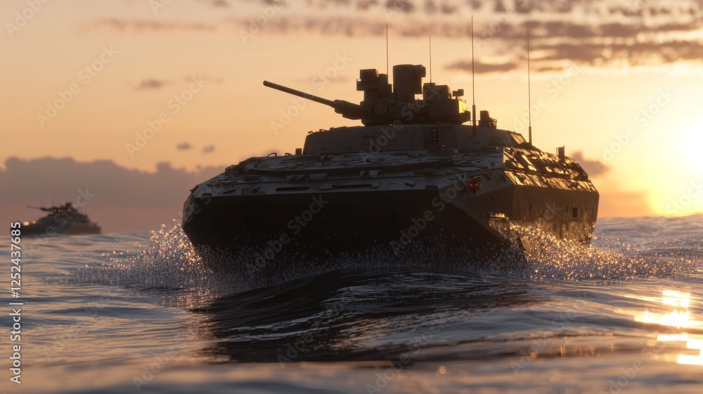 Fototapeta premium Innovative Automated Amphibious Vehicle in Sunset Water Scene