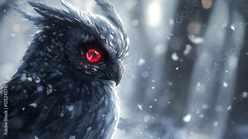 A cyberpunk-inspired owl with sleek white feathers and glowing red eyes symbolizes wisdom and futuristic intelligence. Set against a modern blurred background, it evokes mystery and advanced technolog photo