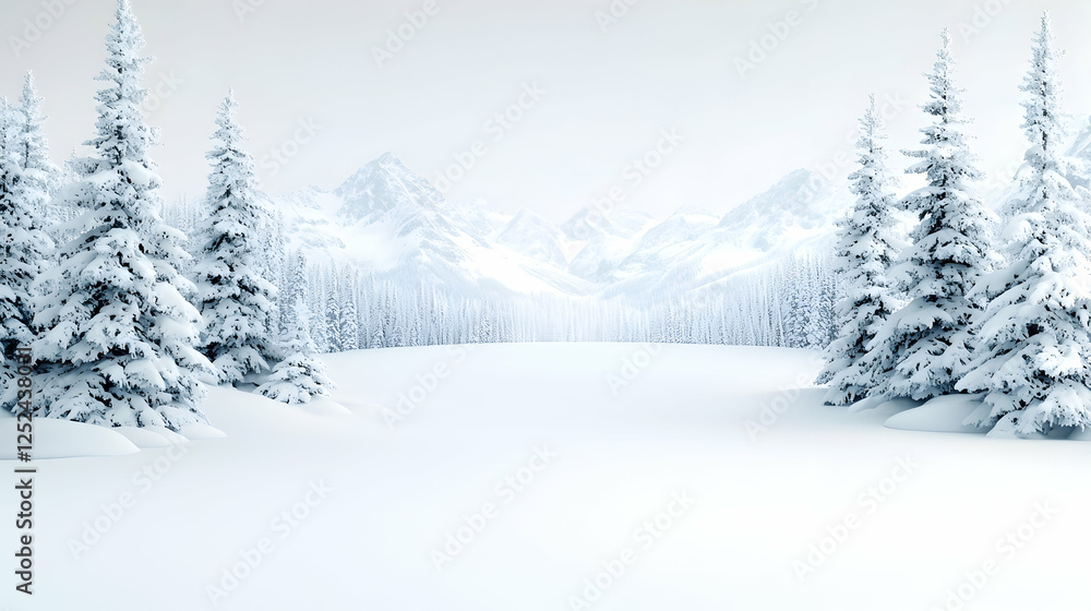Naklejka premium Snowy mountain landscape, winter trees, serene scene, holiday card