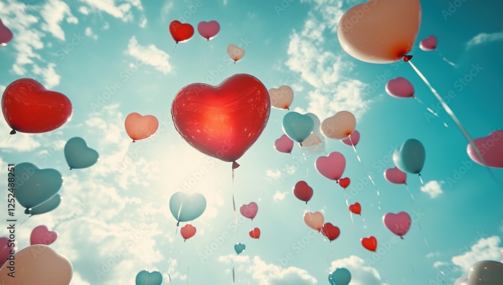 Fototapeta premium Heart-Shaped Balloons Soar High in a Sunny Sky, Colorful Celebration Ascends Joyfully, Romantic Atmosphere.