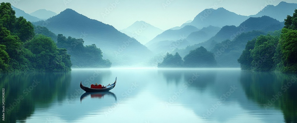Peaceful Lake Scenery With Misty Mountains Peaceful Lake Scenery With Misty Mountains