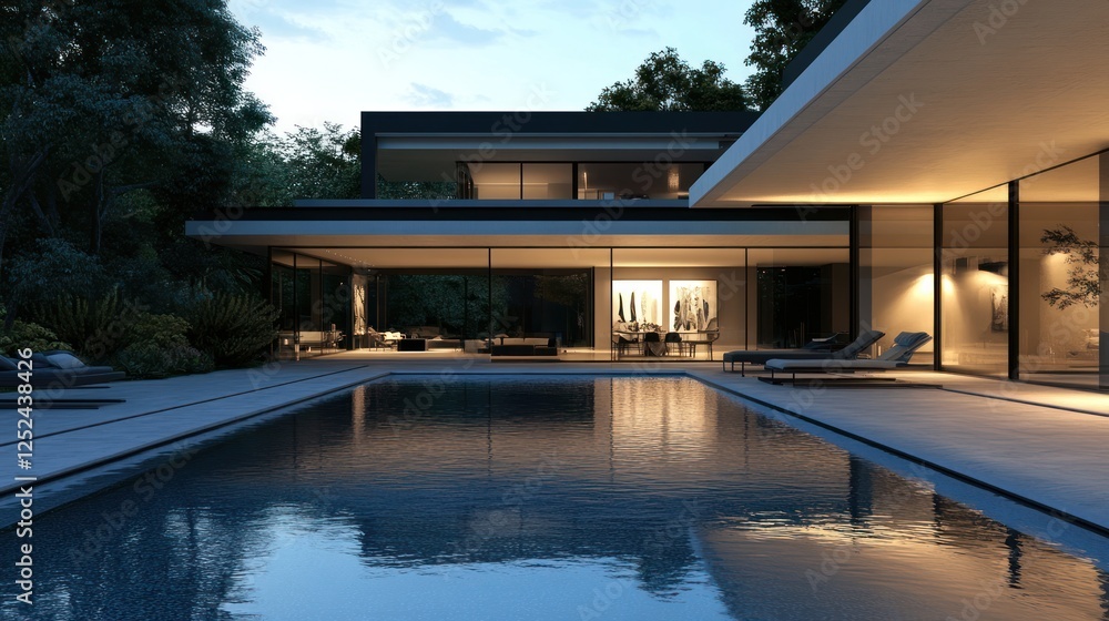 Fototapeta premium Modern house pool dusk luxury backyard design