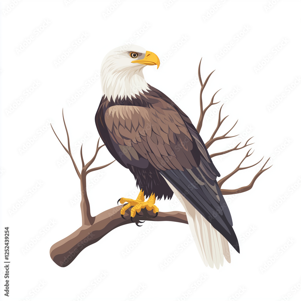 Obraz premium A majestic eagle perched on a tree branch, detailed with natural colors and rendered in a clean vector style.