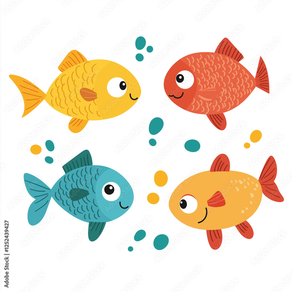 A group of three colorful fish swimming together, with bright colors and a playful, fun design in vector style. A group of three colorful fish swimming together, with bright colors and a playful, fun design in vector style.