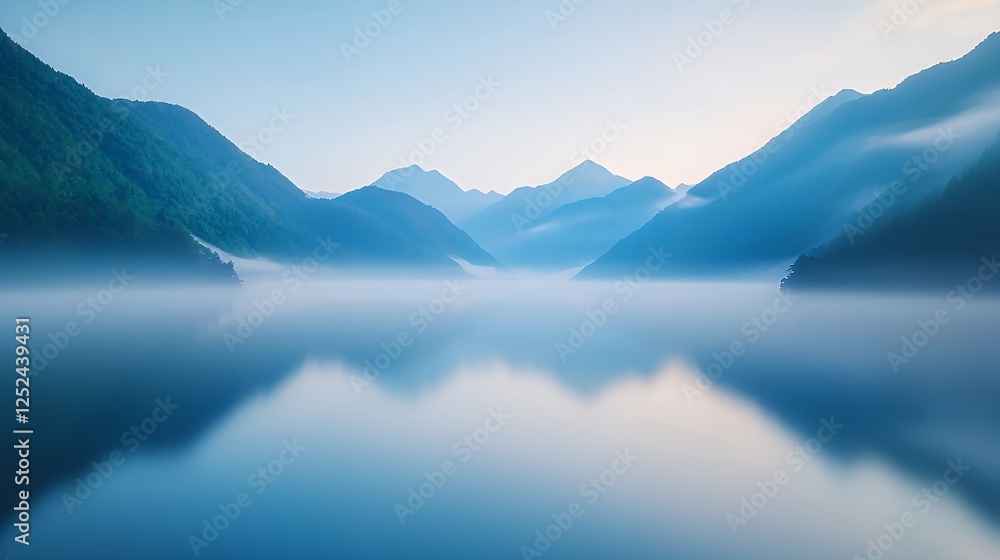 Misty mountain lake sunrise, calm waters, peaceful scene, nature background, travel Misty mountain lake sunrise, calm waters, peaceful scene, nature background, travel