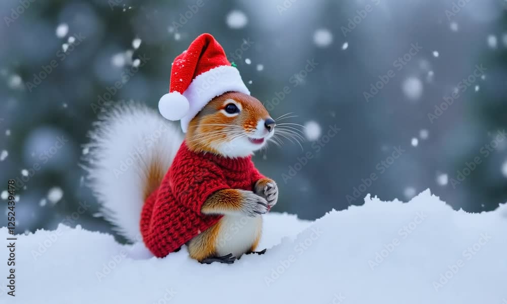 Adorable squirrel wearing a festive red sweater and Santa hat amidst a snowy landscape Adorable squirrel wearing a festive red sweater and Santa hat amidst a snowy landscape