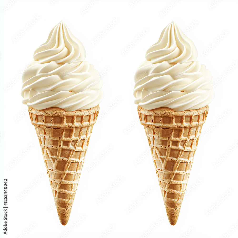 Two ice cream cones with double scoops of soft serve vanilla ice cream, beautifully designed in a vector style with a crispy waffle cone base. Two ice cream cones with double scoops of soft serve vanilla ice cream, beautifully designed in a vector style with a crispy waffle cone base.