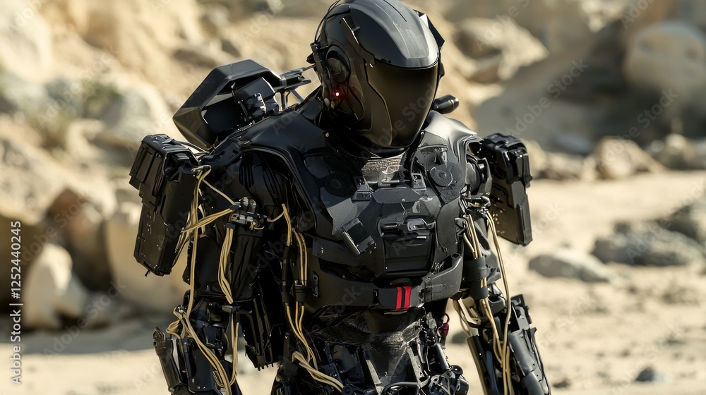 Futuristic Reinforced Mechanized Suit in a Desert Landscape Futuristic Reinforced Mechanized Suit in a Desert Landscape