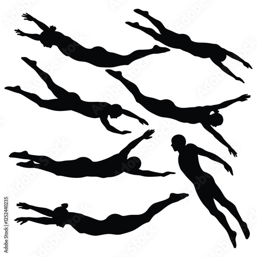 Set of male and female diving board diving silhouette vector illustrations