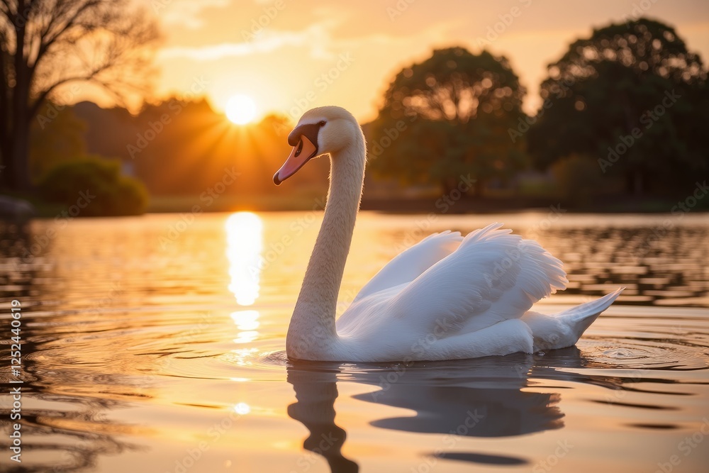 Obraz premium An image of a white swan swimming in a golden-lit atmosphere.