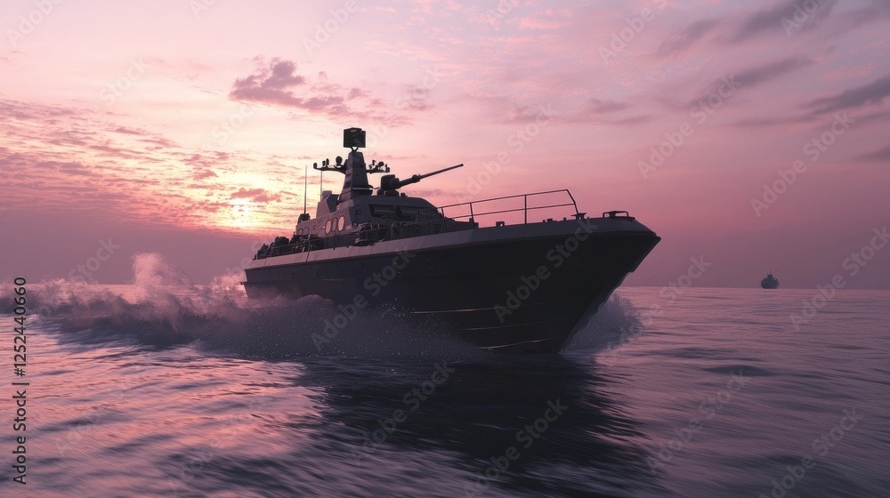 Hybrid Amphibious Assault Craft Navigating Calm Waters at Sunset Hybrid Amphibious Assault Craft Navigating Calm Waters at Sunset