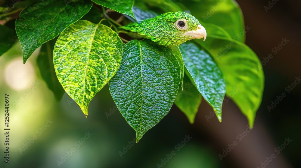 Green parrot perched on leaves, rainforest background, wildlife photography, nature stock Green parrot perched on leaves, rainforest background, wildlife photography, nature stock