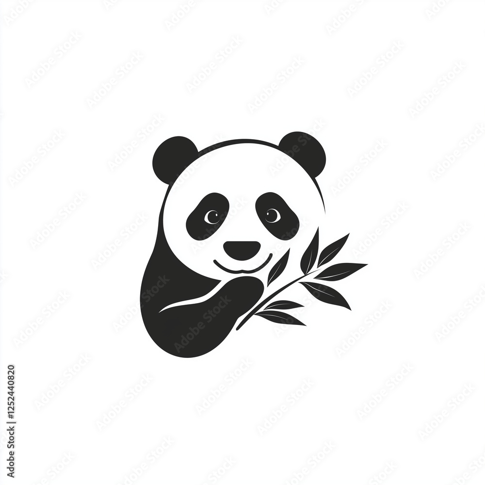 Fototapeta premium A monochrome vector style design of a panda holding and eating bamboo, with a simple yet expressive design that highlights the panda's endearing qualities.