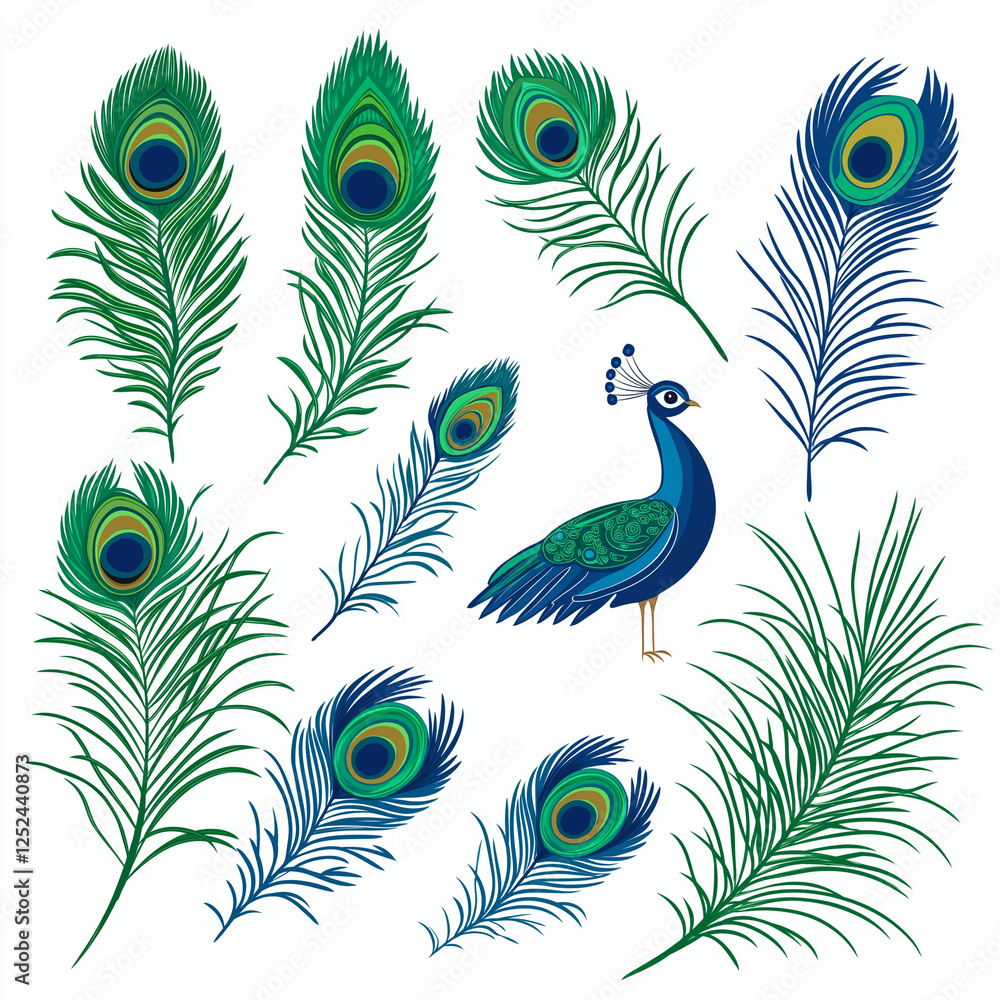 Obraz premium A vibrant vector style design featuring multiple peacock feathers, showcasing the detailed, colorful eye-like patterns of the feathers in rich blues and greens.