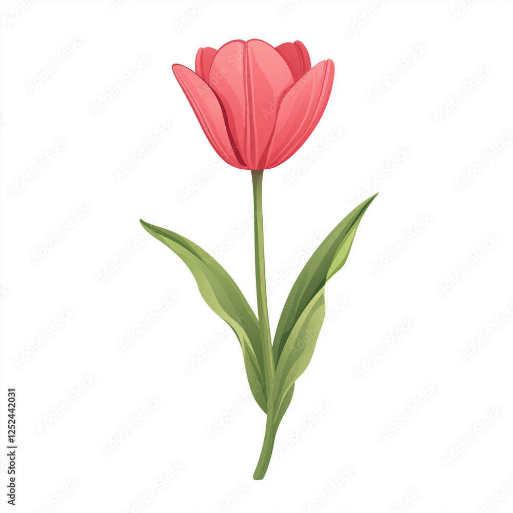 A vibrant tulip flower in a clean vector style, featuring a bright pinkish-red bloom with lush green leaves A vibrant tulip flower in a clean vector style, featuring a bright pinkish-red bloom with lush green leaves
