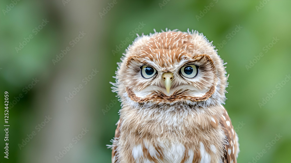Obraz premium Little owl chick stares directly at the camera against a soft green bokeh background in the forest during daytime.