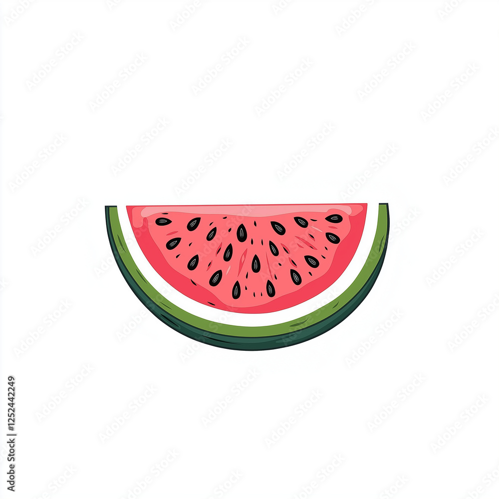 A clean vector style illustration of a watermelon slice with green rind and juicy red flesh, showing seeds and the vibrant colors of the fruit A clean vector style illustration of a watermelon slice with green rind and juicy red flesh, showing seeds and the vibrant colors of the fruit