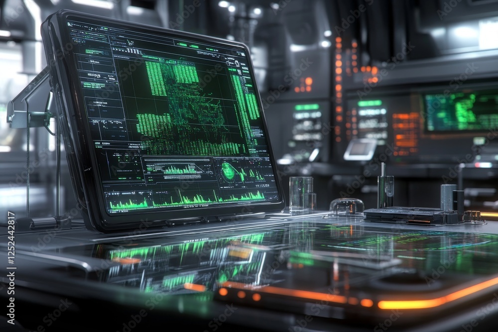 Fototapeta premium Futuristic Tech Interface: Cyberpunk Control Panel with Green Data Streams