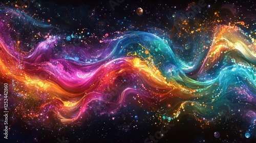 Colorful Abstract Nebula Galaxy in Dark Space Background with Swirling Light and Cosmic Dust