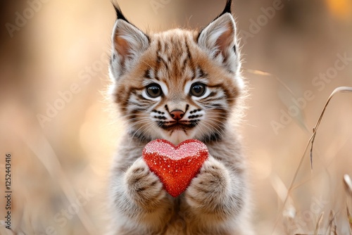 Ad campaign animal creative. Lynx - my treasured animal. Cute lynx baby with sparkling rhinestones red heart on in a natural habitat. Adorable valentineâ€™s animals. Love and warmth in the wild. photo