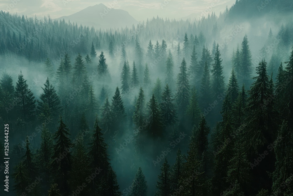 Obraz premium Misty mountain forest landscape.