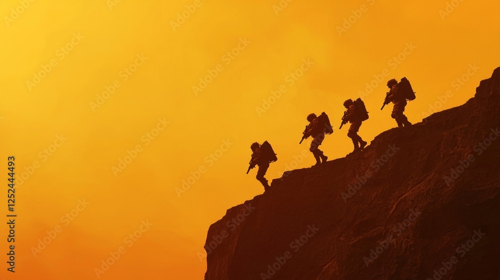Naklejka premium Soldiers Navigating a Ridge at High Altitude During Sunset