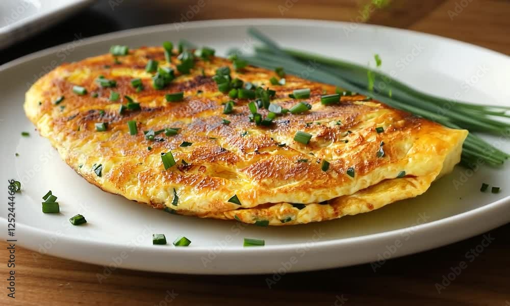 Golden-brown omelette garnished with fresh herbs, served on a white plate with green onions Golden-brown omelette garnished with fresh herbs, served on a white plate with green onions