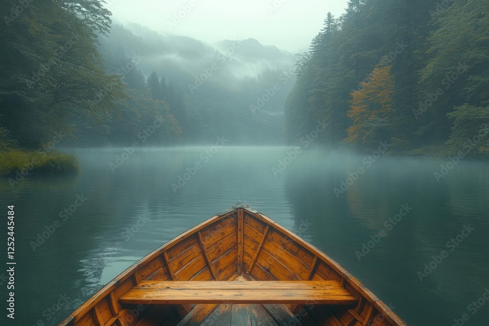 Wooden Boat On Misty Rainy River Amidst Forest Wooden Boat On Misty Rainy River Amidst Forest