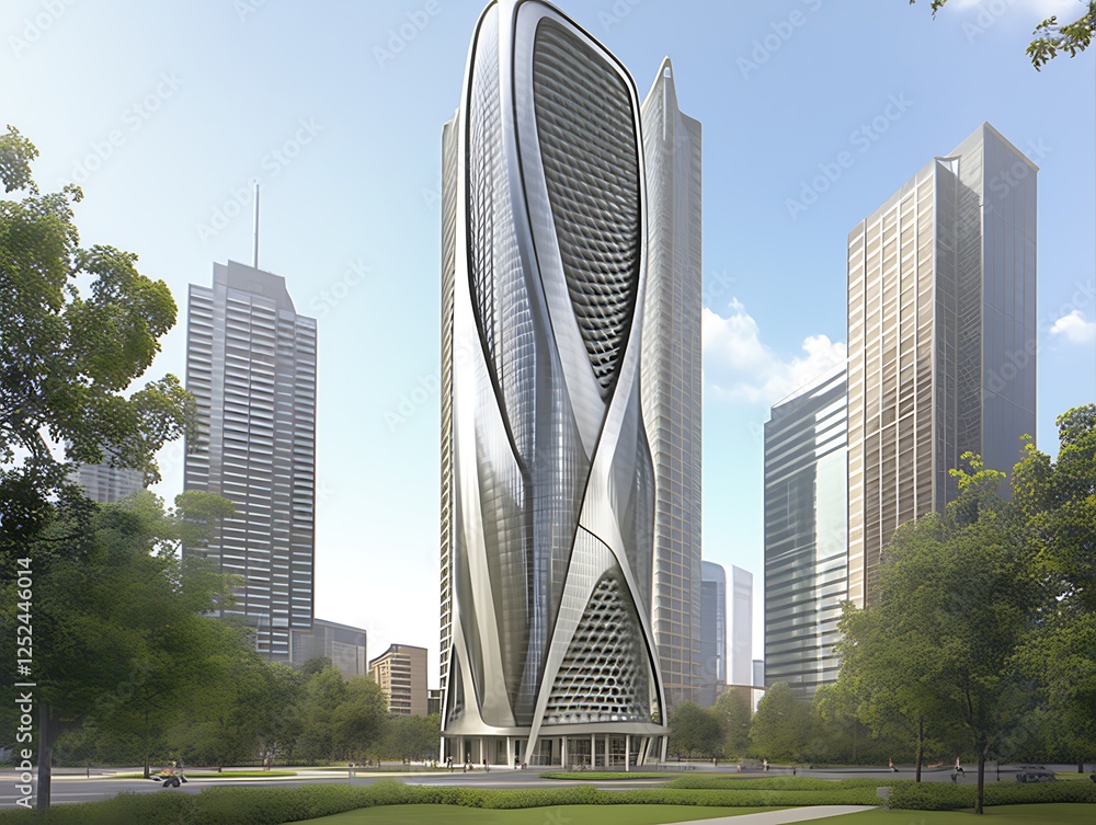 Obraz premium Modern, curved skyscraper in city park.