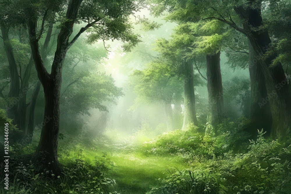 Fototapeta premium Lush, misty forest path. Sunlight filters through canopy.