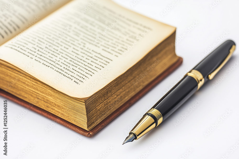 Old and classic notebook with pen isolated on white background, Selective focus book with leather cover and luxury pen. Old and classic notebook with pen isolated on white background, Selective focus book with leather cover and luxury pen.