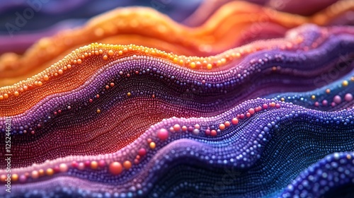 Microscopic-inspired scene where radiant tiny beads lie atop a vibrant undulating pattern