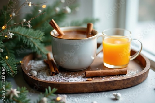 Wallpaper Mural Warm Festive Beverages on a Wooden Tray with Cinnamon Sticks and Winter Greenery Torontodigital.ca