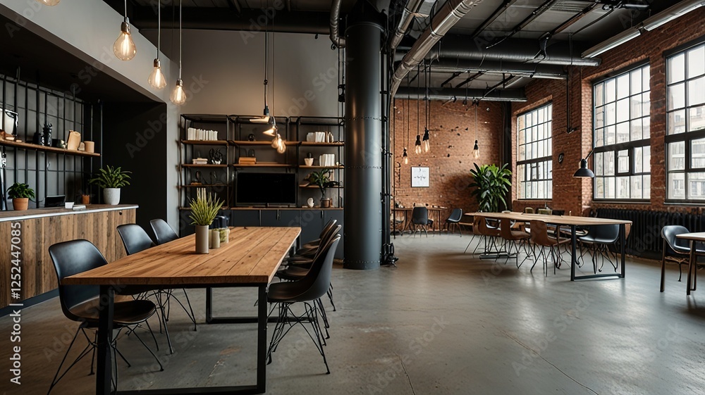 Industrial style coworking office workplaces. Meeting room