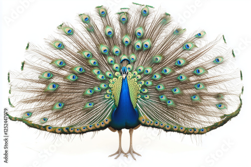 Selective focus peacock with spreading beautiful feather isolated on white background.