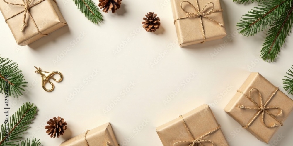 A Festive Arrangement of Wrapped Gifts with Natural Accents and a Gold Ornament A Festive Arrangement of Wrapped Gifts with Natural Accents and a Gold Ornament