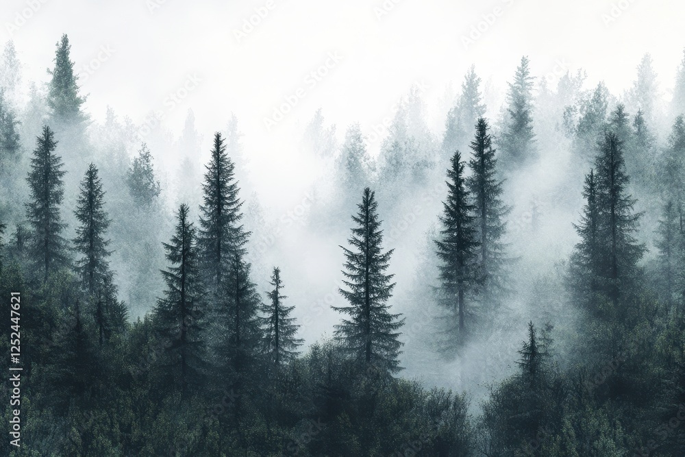 Misty forest landscape with tall evergreen trees. Misty forest landscape with tall evergreen trees.