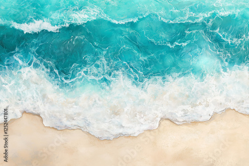 Captivating turquoise ocean waves meeting a warm, sandy shoreline under bright tropical skies, offering a serene summertime beach background for travel and vacation designs