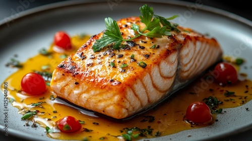 Deliciously Grilled Salmon with Cherry Tomatoes and Herbs. Generative AI photo