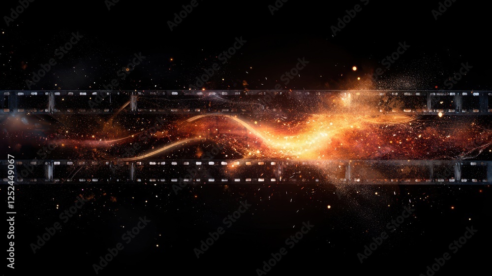 Realistic Textured Film Strip with Scratch Effects and Cosmic Elements in Dark Background Realistic Textured Film Strip with Scratch Effects and Cosmic Elements in Dark Background