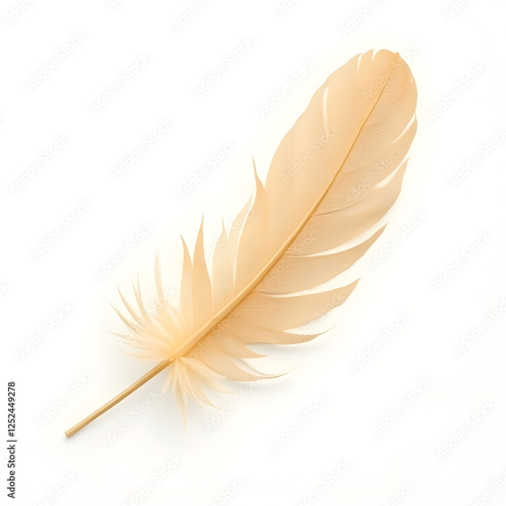 Fototapeta premium Single Pale Beige Feather Isolated on White Background Elegant Delicate Light
