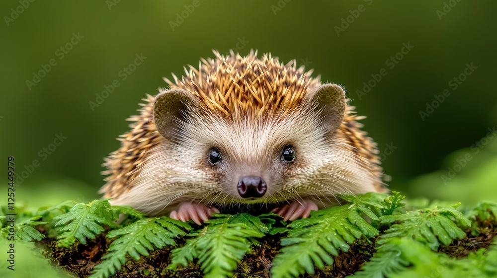 Fototapeta premium Cute hedgehog resting on ferns in forest. Possible stock use nature scene