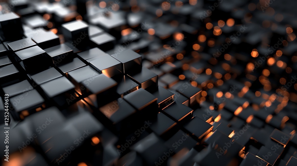 Fototapeta premium Black cubes with warm lights reflecting on them.