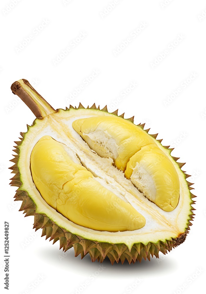 Fototapeta premium Durian Fruit Cross Section Showing Yellow Pulp Isolated on White